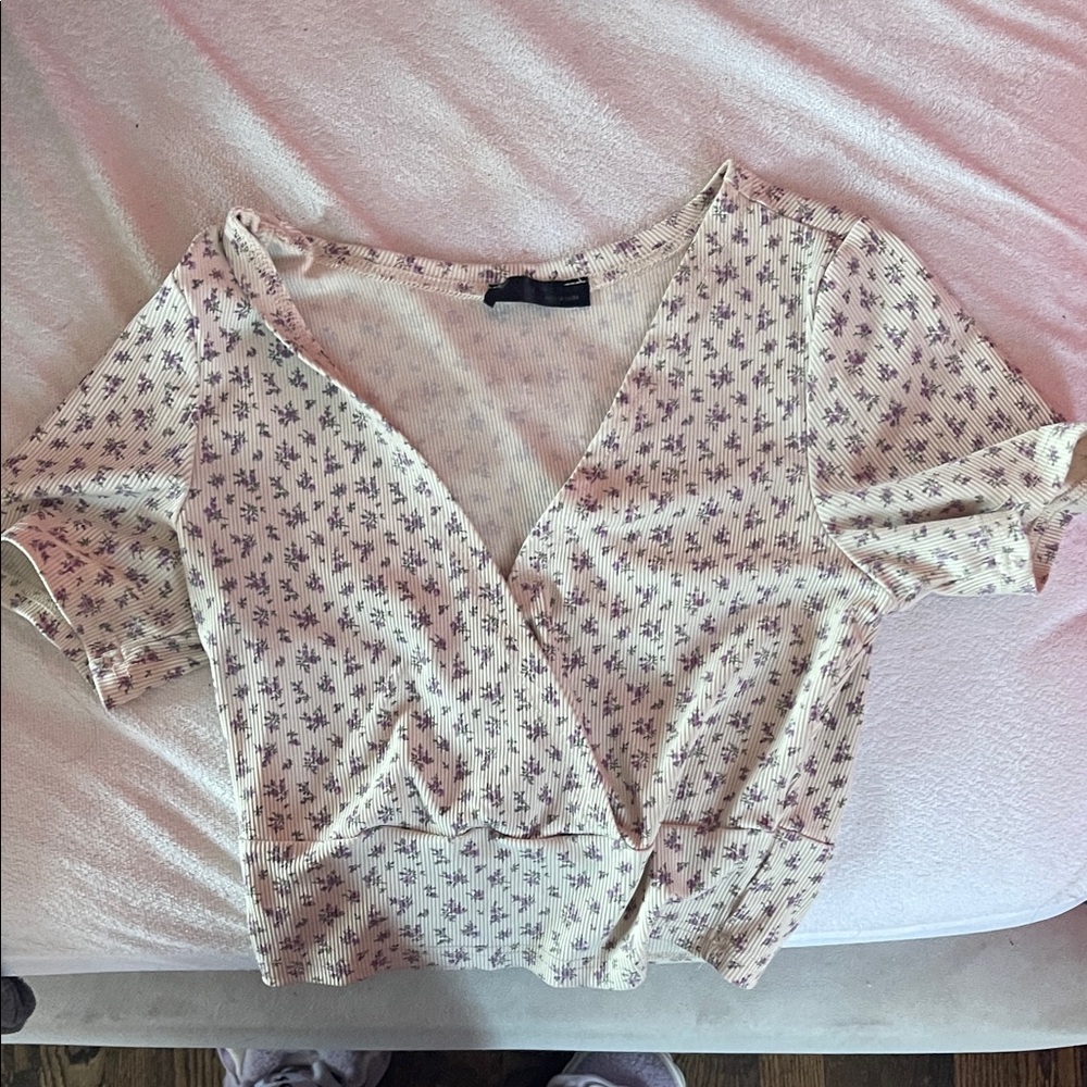 Floral Wrap Top in Cream and Purple